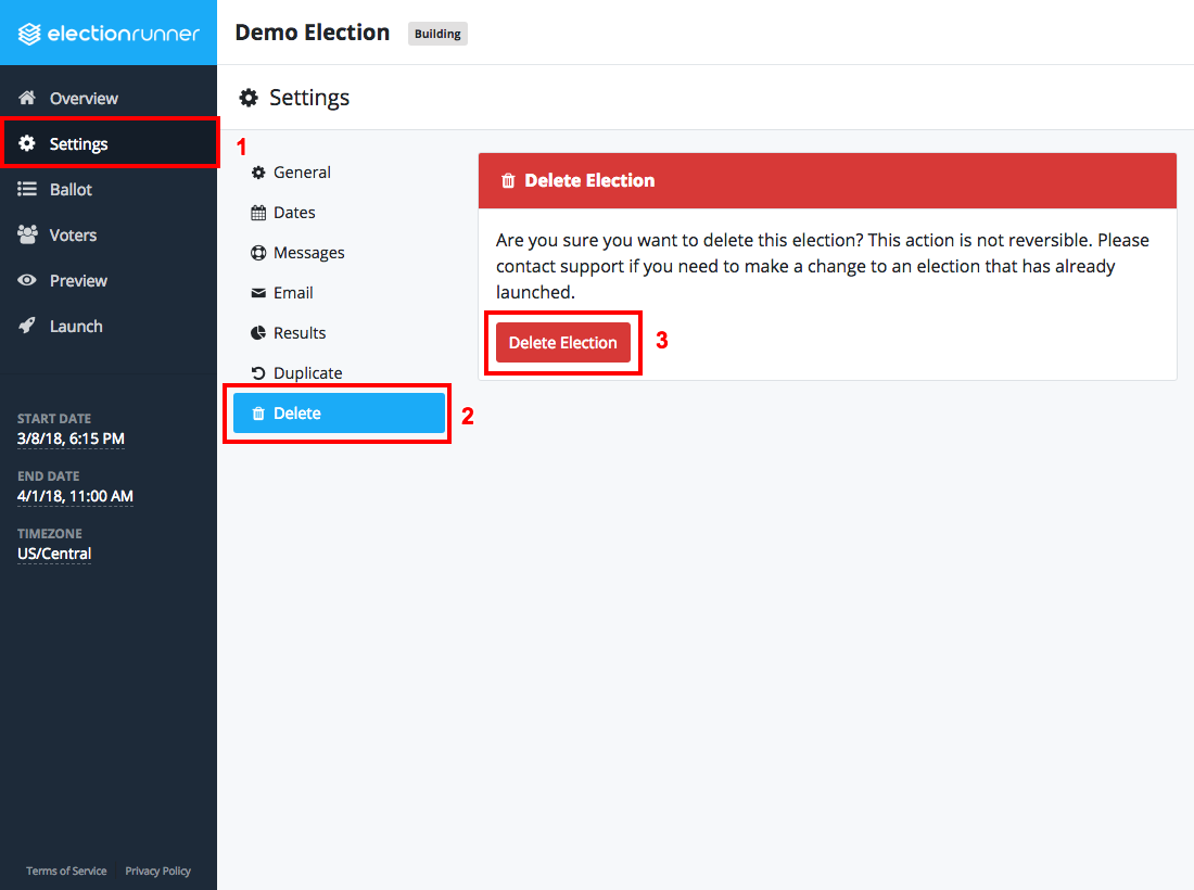 Election Settings - Delete